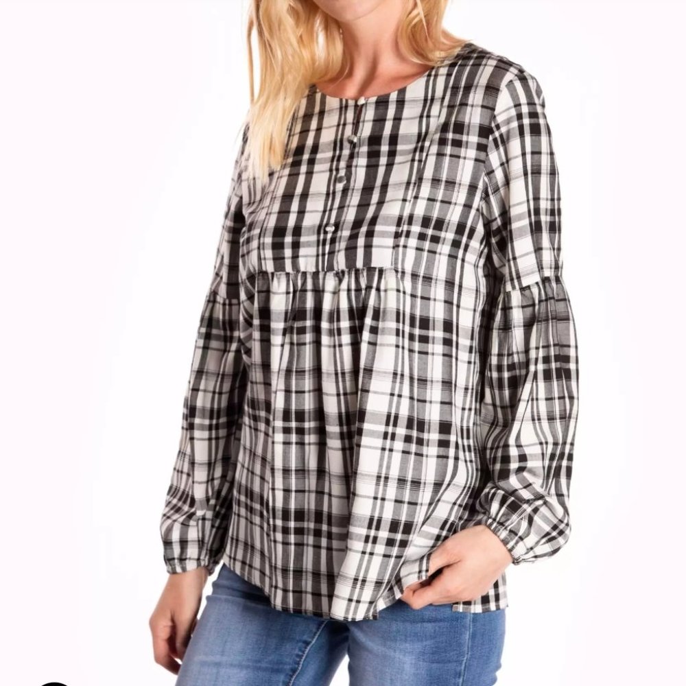 LOFT Women's Plaid Black & White Blouse Baby Doll Loose Fit Balloon Sleeves